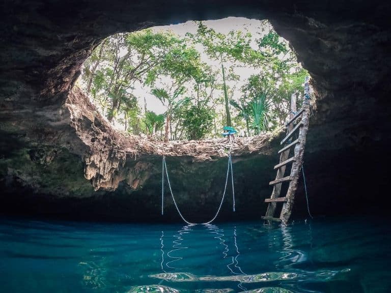 Wooden ladder leading into the deep waters of Cenote Calavera